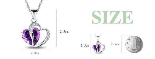 10% OFF- Women Heart Water Blue, Pink, Purple Gem Rhinestone Pendant-Silver Necklace A2019