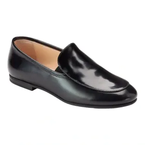 1346 - Black Polished Leather Boys Slip-On Flat Loafer