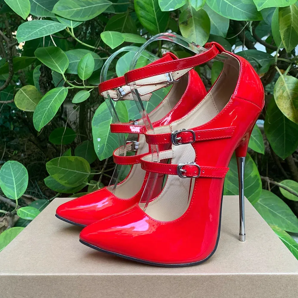 16cm Super High Heels Ankle Strap Sexy Red Pumps Fetish White Stilettos