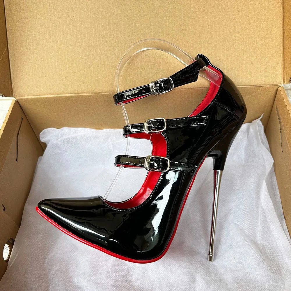 16cm Unisex High Heels Black Ankle Strap Sexy Red inside Fetish Stilettos