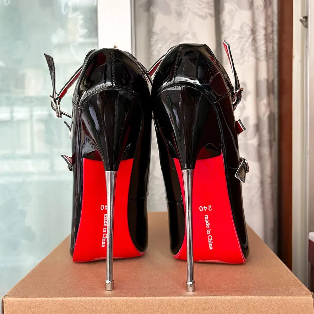 16cm Unisex High Heels Black Ankle Strap Sexy Red inside Fetish Stilettos