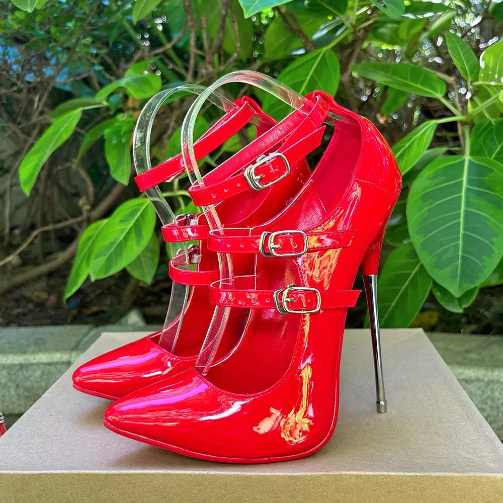16cm Unisex High Heels Black Ankle Strap Sexy Red inside Fetish Stilettos