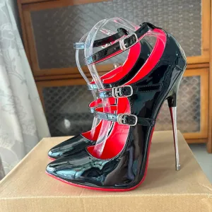 16cm Unisex High Heels Black Ankle Strap Sexy Red inside Fetish Stilettos