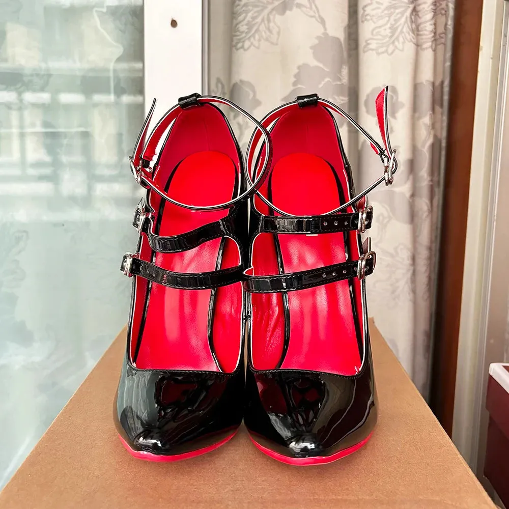 16cm Unisex High Heels Black Ankle Strap Sexy Red inside Fetish Stilettos