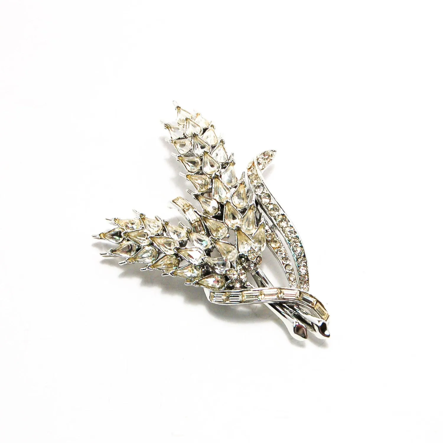 1950's Silver Tone Rhinestone Wheat Brooch