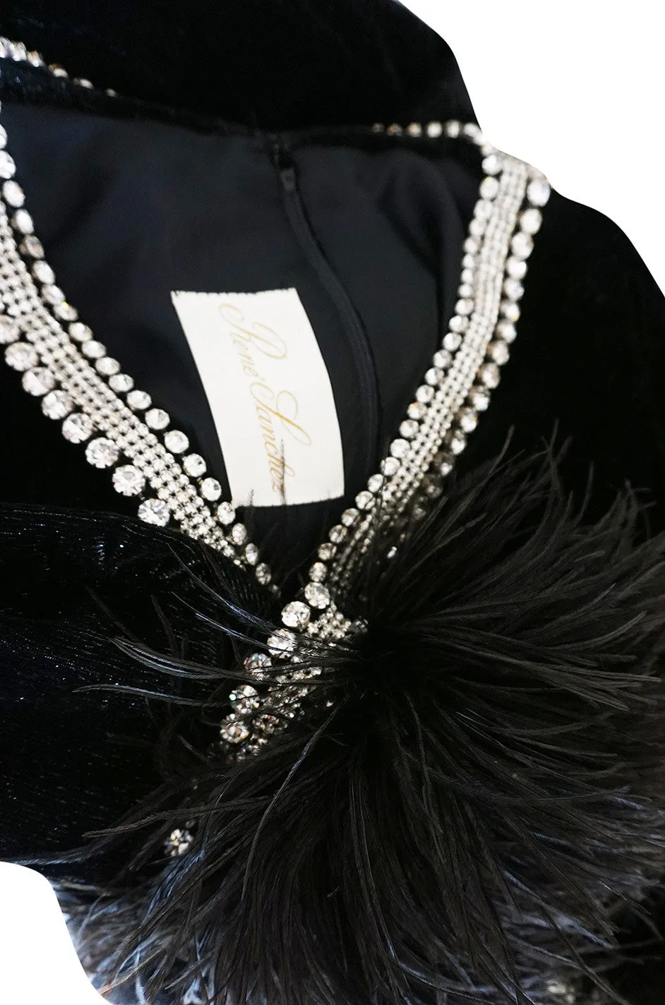 1960s Lame Velvet, Feather & Heavy Rhinestone Dress