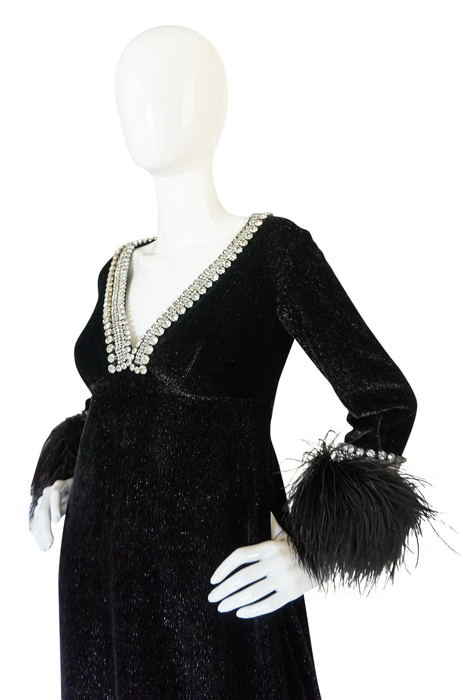 1960s Lame Velvet, Feather & Heavy Rhinestone Dress