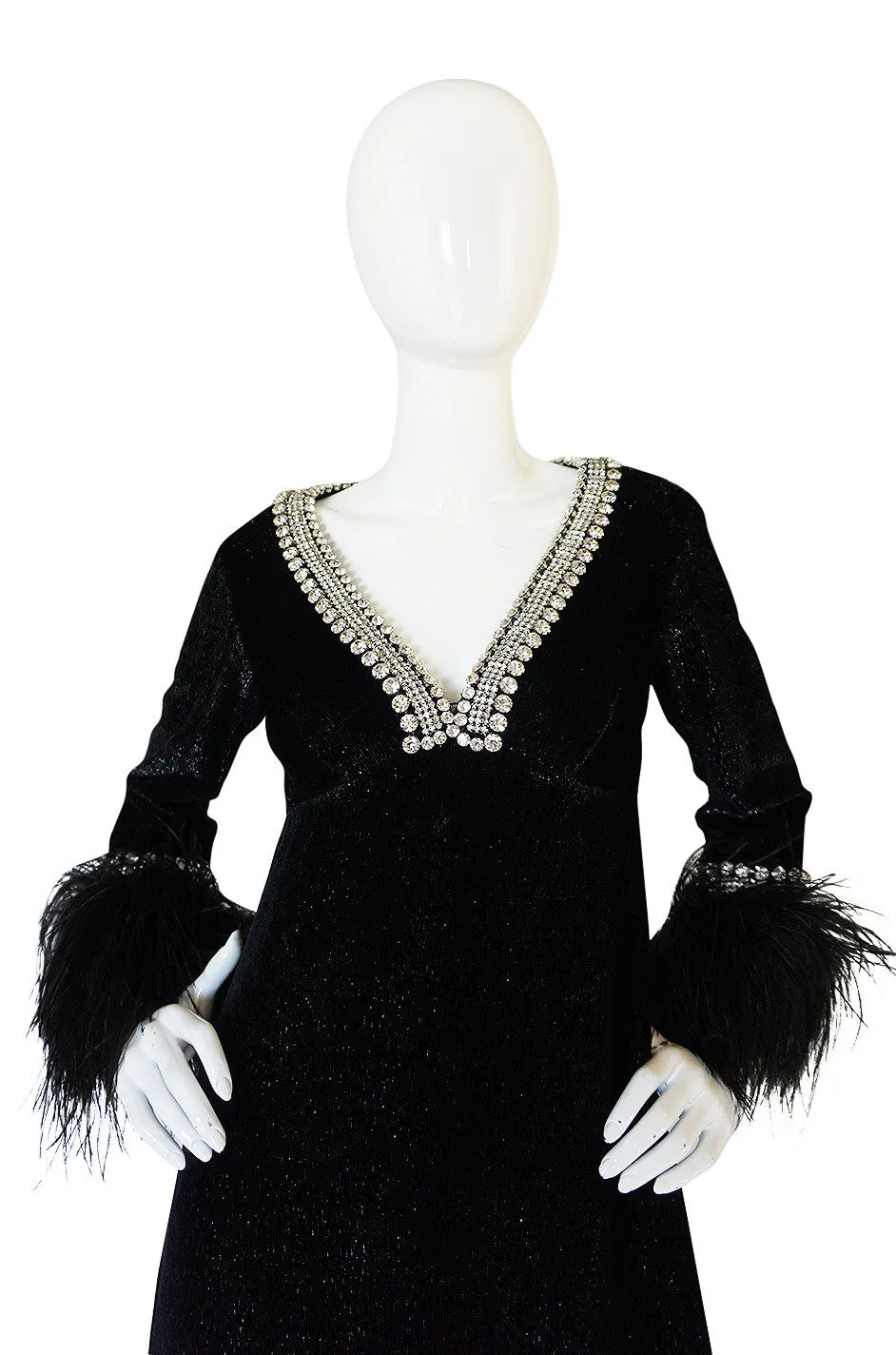 1960s Lame Velvet, Feather & Heavy Rhinestone Dress