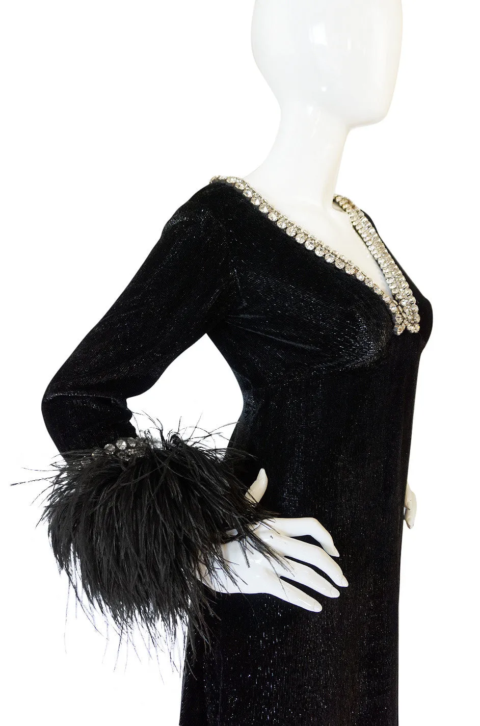 1960s Lame Velvet, Feather & Heavy Rhinestone Dress