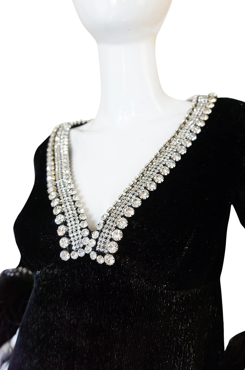 1960s Lame Velvet, Feather & Heavy Rhinestone Dress