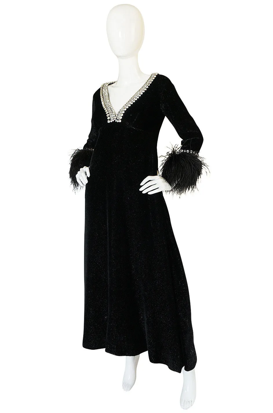 1960s Lame Velvet, Feather & Heavy Rhinestone Dress