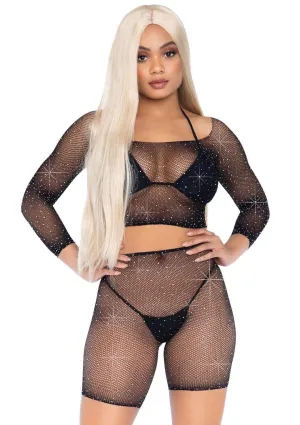 2 PC Rhinestone Fishnet Crop Top and Biker Shorts Black