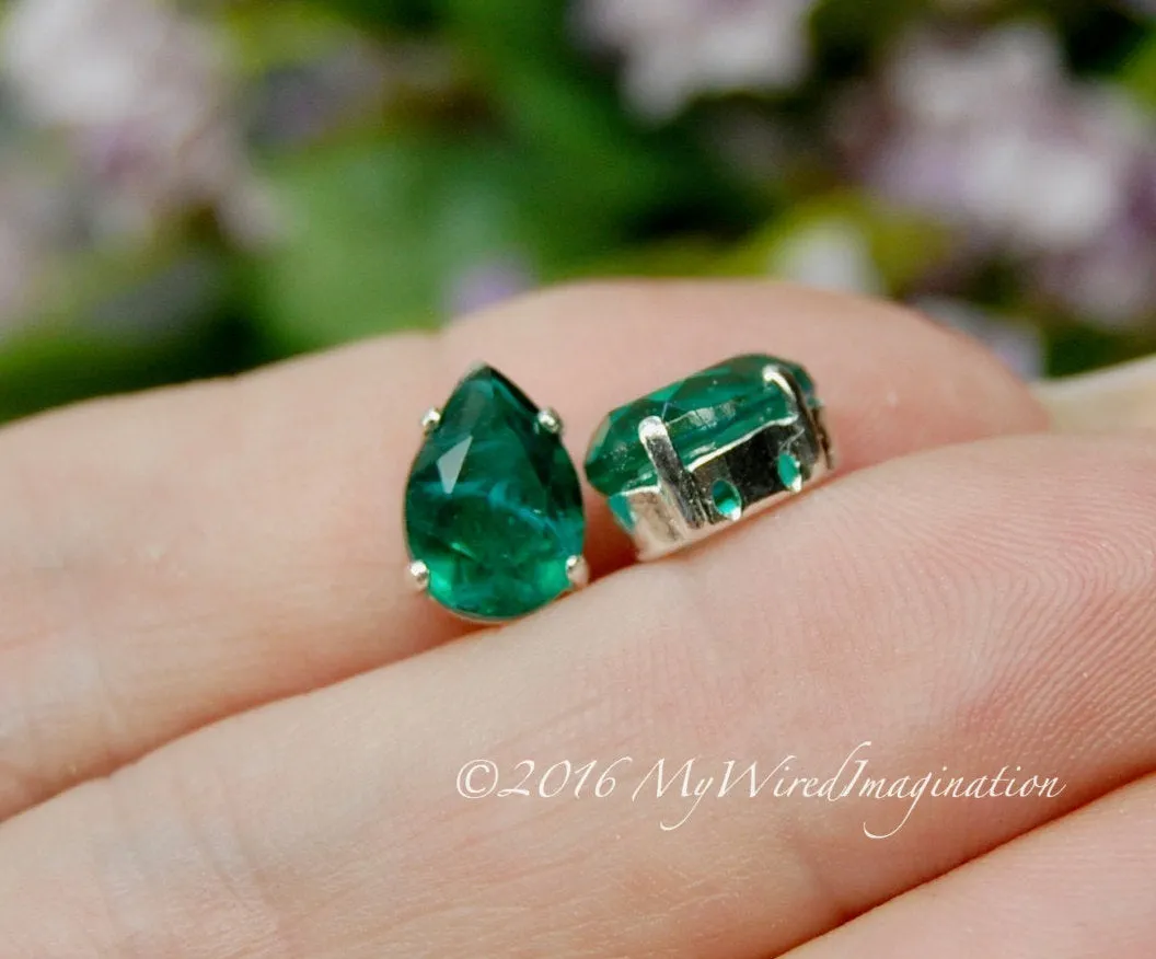 2 Pcs Vintage West German Crystal, Flawed Emerald Green, Transparent 10x7mm