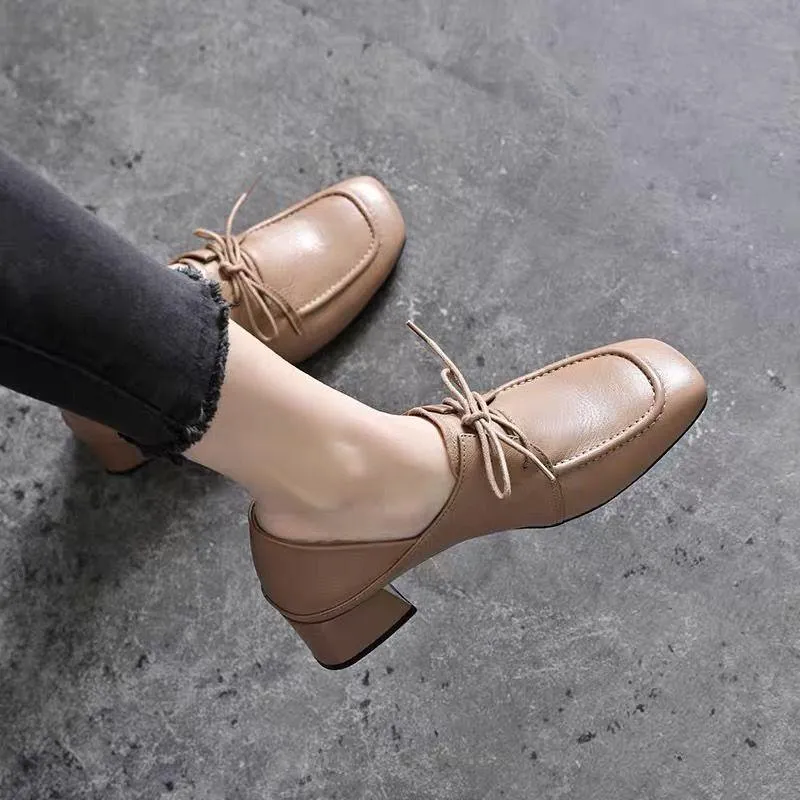 2023 Temperament Commuting Square Toe Thick Heel Lace-Up Small Leather Shoes