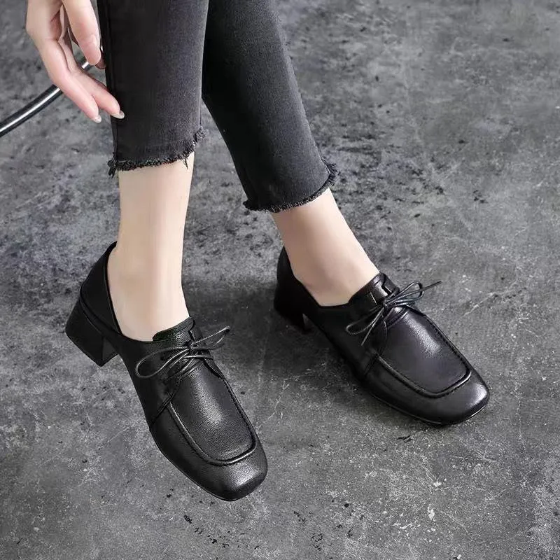 2023 Temperament Commuting Square Toe Thick Heel Lace-Up Small Leather Shoes