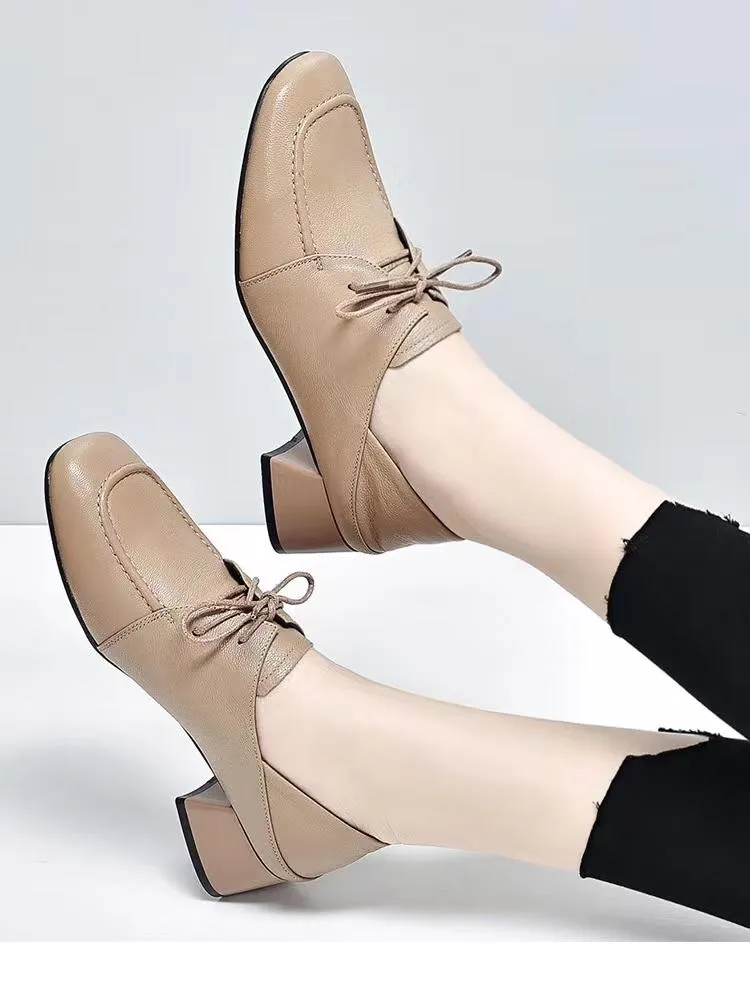 2023 Temperament Commuting Square Toe Thick Heel Lace-Up Small Leather Shoes