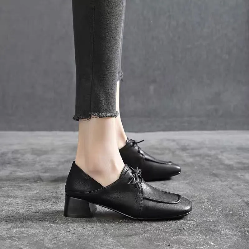 2023 Temperament Commuting Square Toe Thick Heel Lace-Up Small Leather Shoes