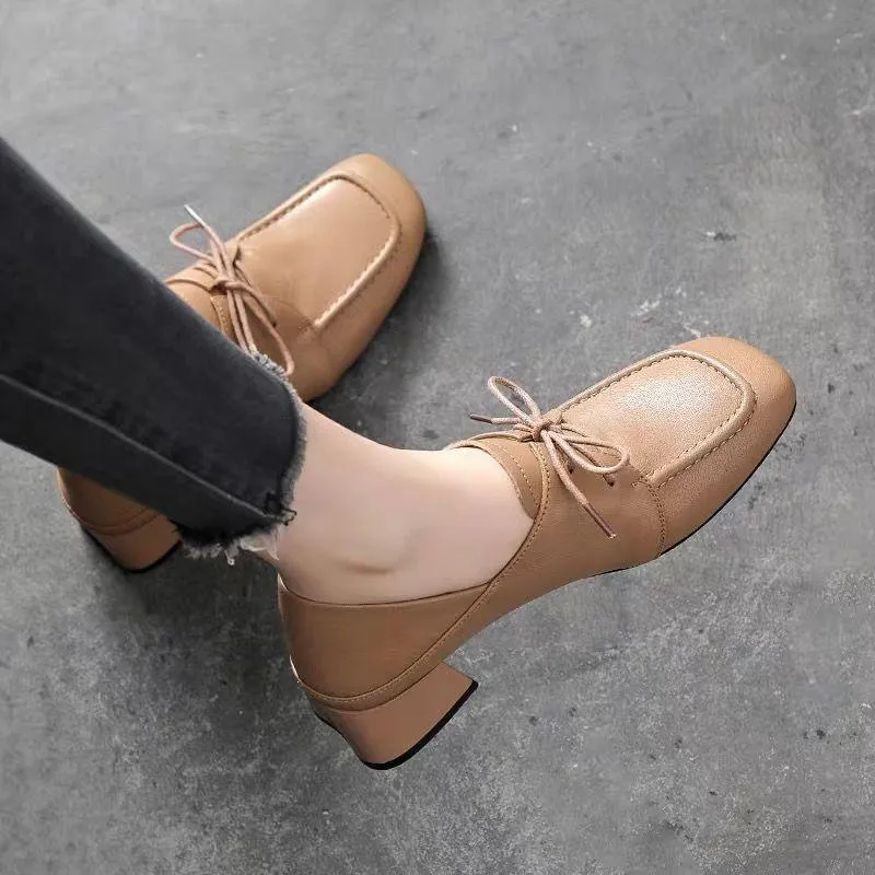 2023 Temperament Commuting Square Toe Thick Heel Lace-Up Small Leather Shoes