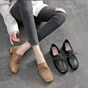 2023 Temperament Commuting Square Toe Thick Heel Lace-Up Small Leather Shoes