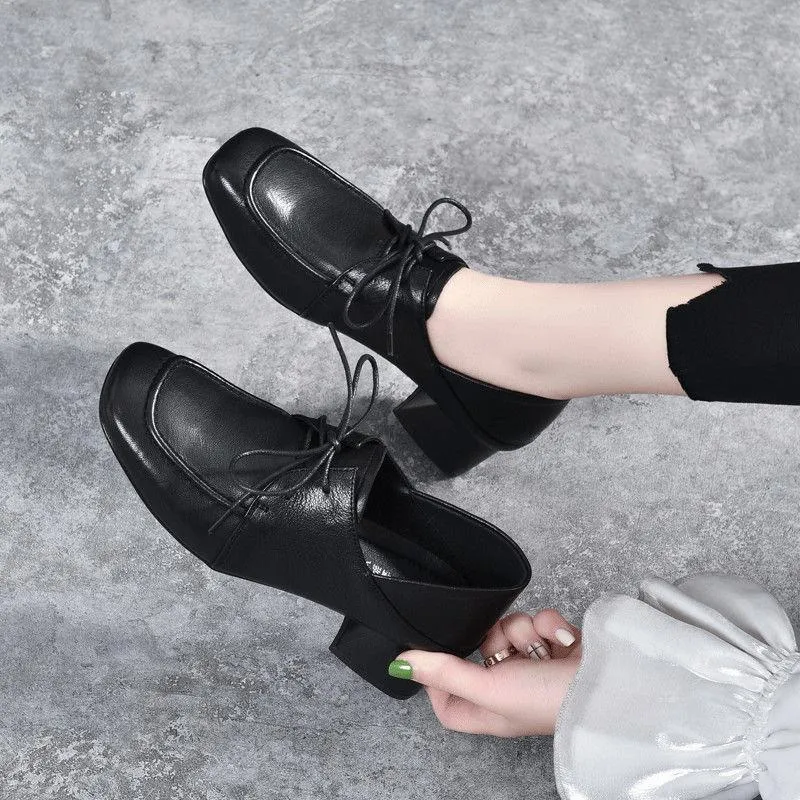 2023 Temperament Commuting Square Toe Thick Heel Lace-Up Small Leather Shoes