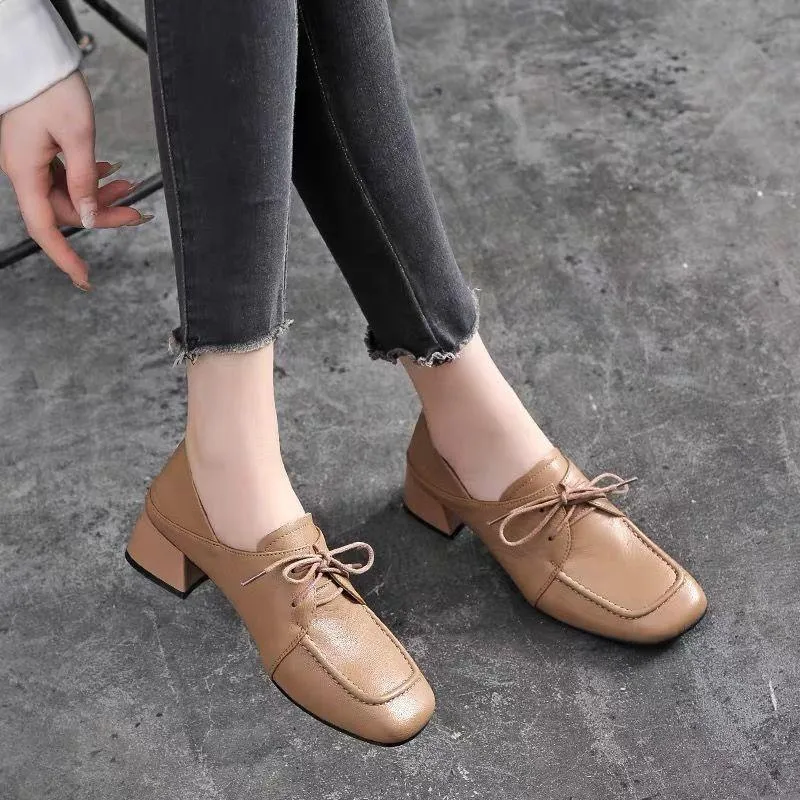 2023 Temperament Commuting Square Toe Thick Heel Lace-Up Small Leather Shoes