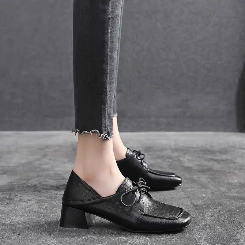 2023 Temperament Commuting Square Toe Thick Heel Lace-Up Small Leather Shoes