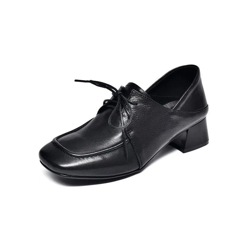 2023 Temperament Commuting Square Toe Thick Heel Lace-Up Small Leather Shoes