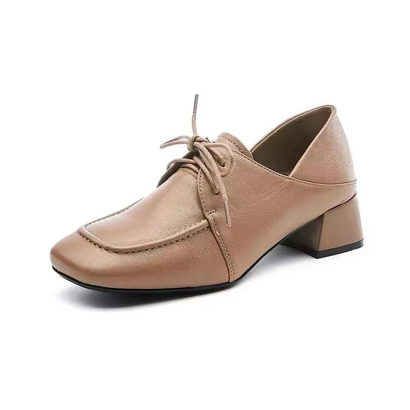 2023 Temperament Commuting Square Toe Thick Heel Lace-Up Small Leather Shoes