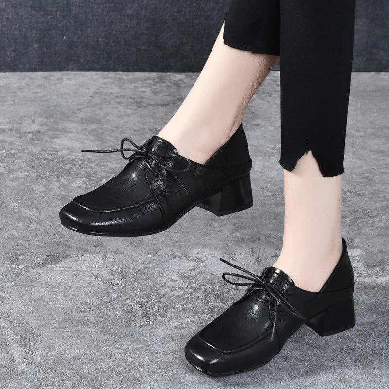 2023 Temperament Commuting Square Toe Thick Heel Lace-Up Small Leather Shoes