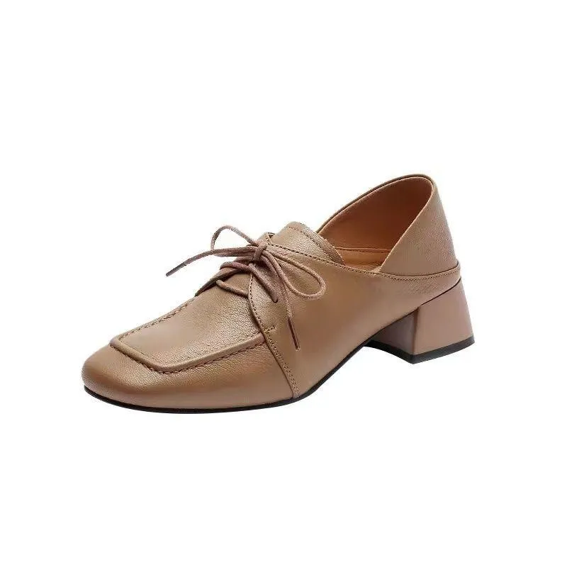 2023 Temperament Commuting Square Toe Thick Heel Lace-Up Small Leather Shoes