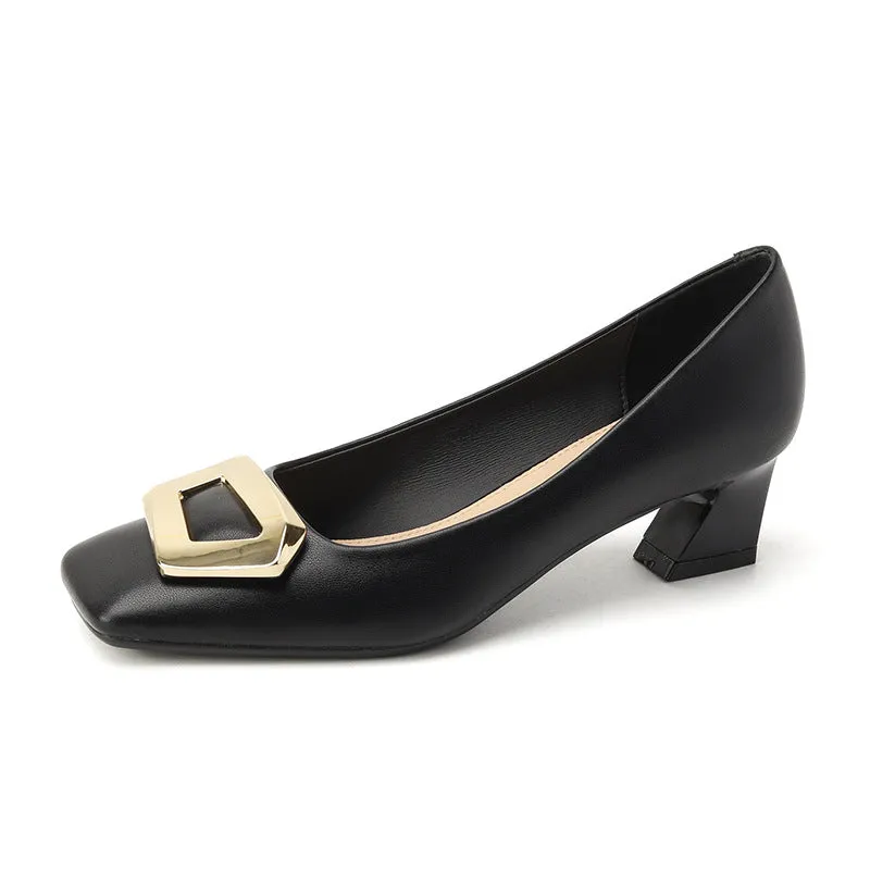 2025 488-6 temperament  square head thick heel single shoes women's 2025 spring and autumn new professional commuting middle heel square buckle shoes