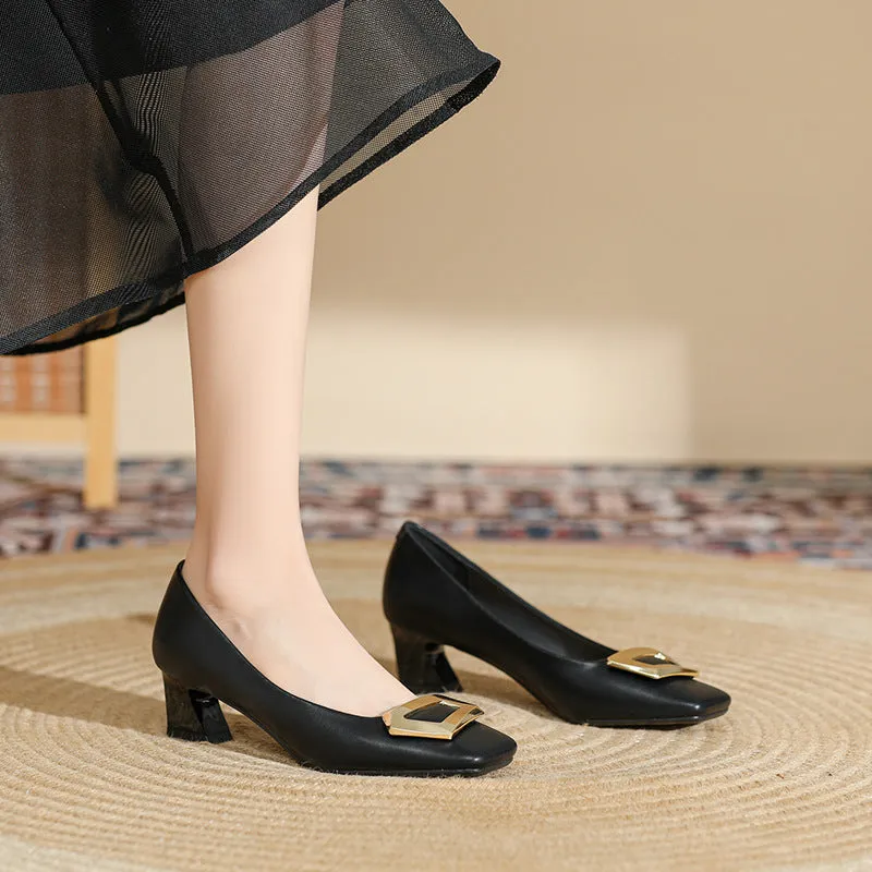 2025 488-6 temperament  square head thick heel single shoes women's 2025 spring and autumn new professional commuting middle heel square buckle shoes