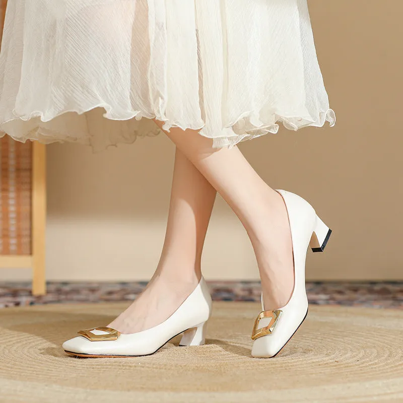 2025 488-6 temperament  square head thick heel single shoes women's 2025 spring and autumn new professional commuting middle heel square buckle shoes