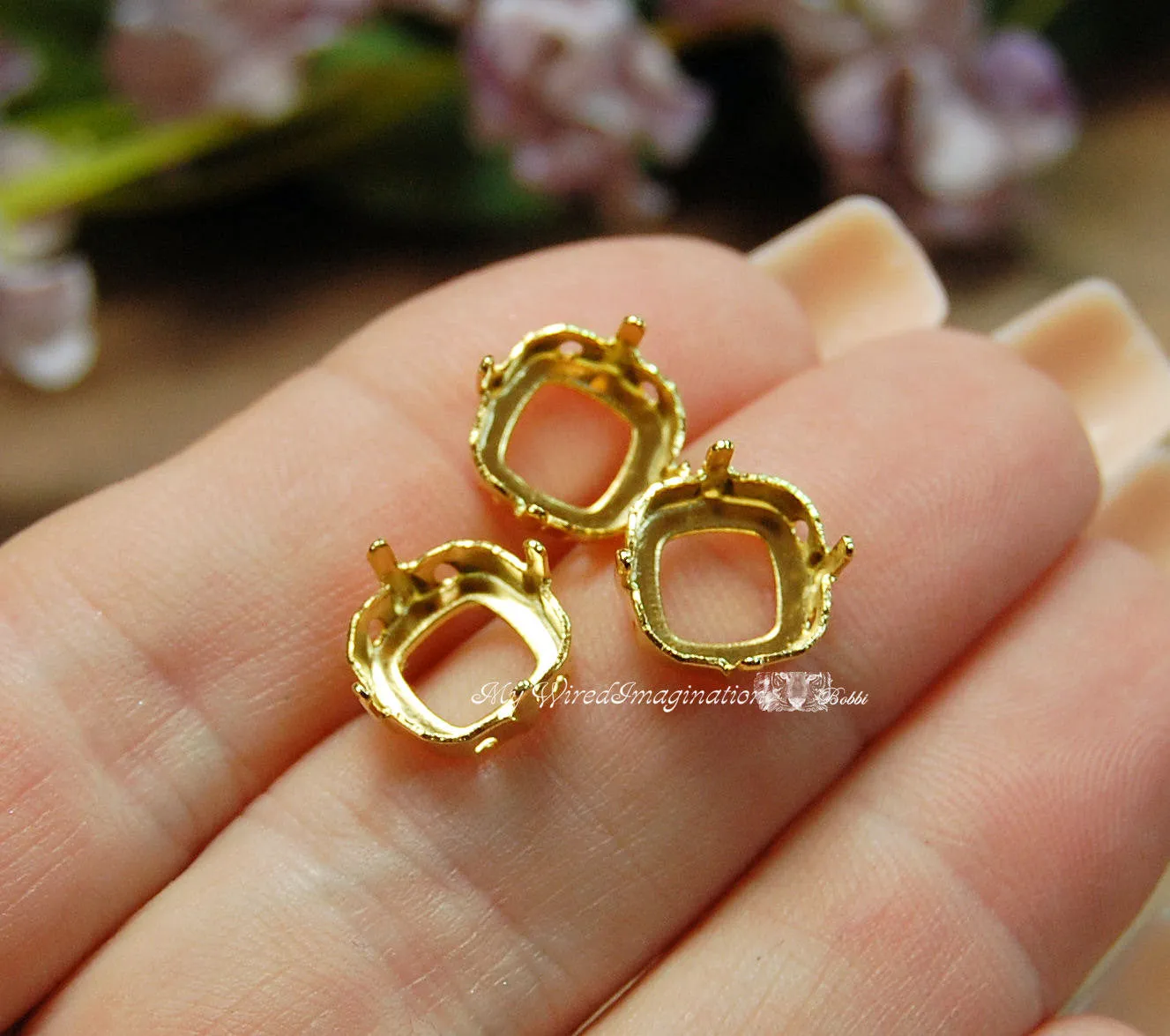 3 pcs, 10mm Silver or Gold Plated Sew On Settings for Swarovski 10mm 4470