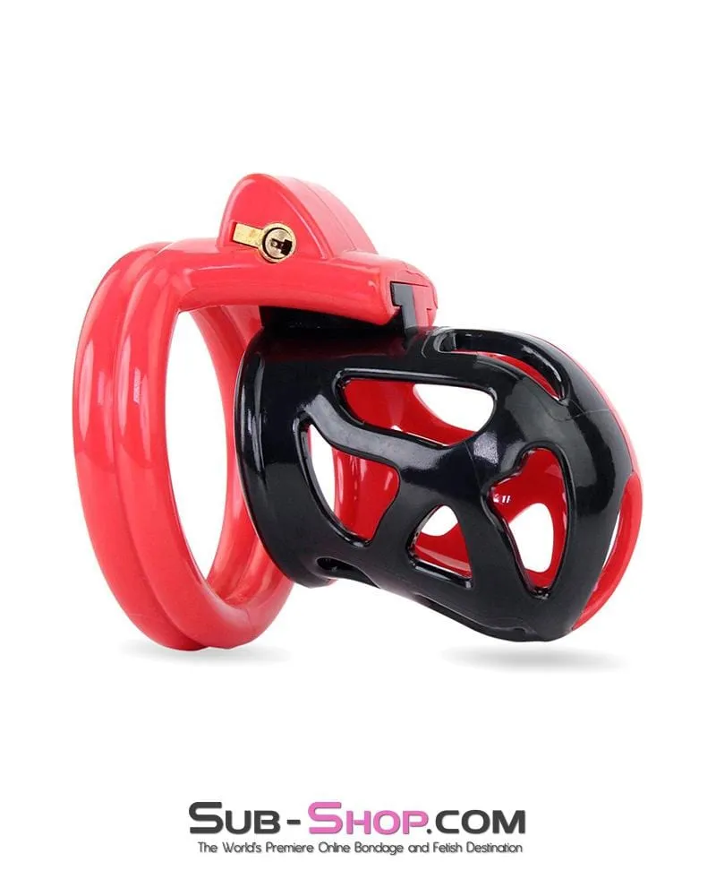 3445AE      Chastity Tease Sensation Cage Red and Black High Security Locking Male Chastity Device