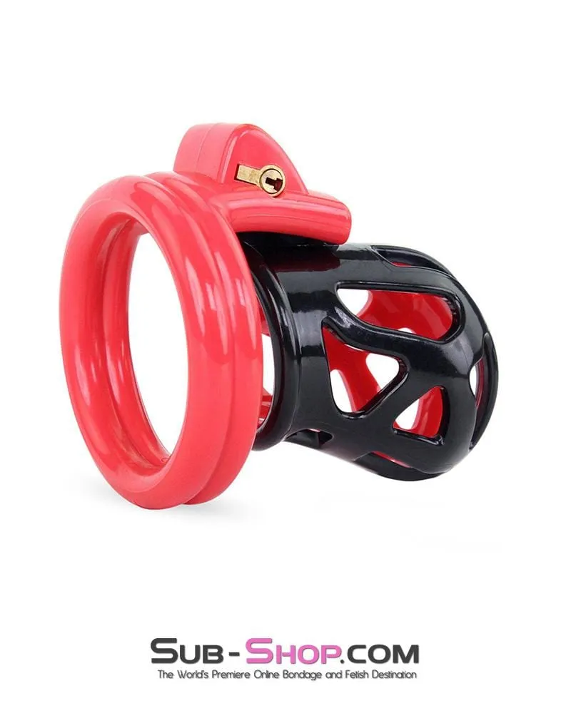 3445AE      Chastity Tease Sensation Cage Red and Black High Security Locking Male Chastity Device
