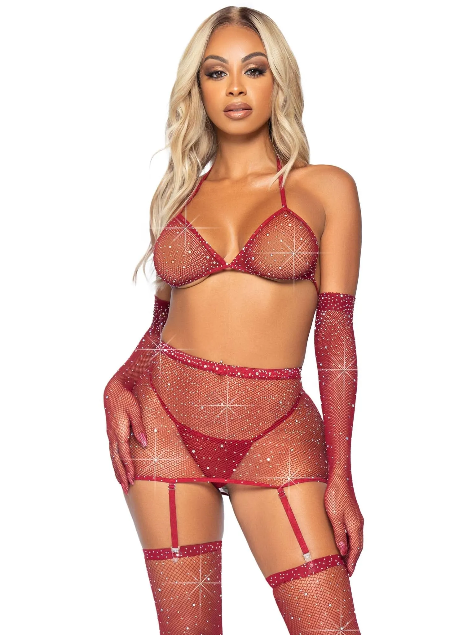 5 Pc Rhinestone Bikini, G-String, Garter, Gloves & Stockings Burgundy