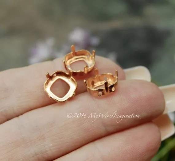 6 pcs Red Brass Sew On Setting, for 10mm 4470 Cushion Cut, Empty Setting