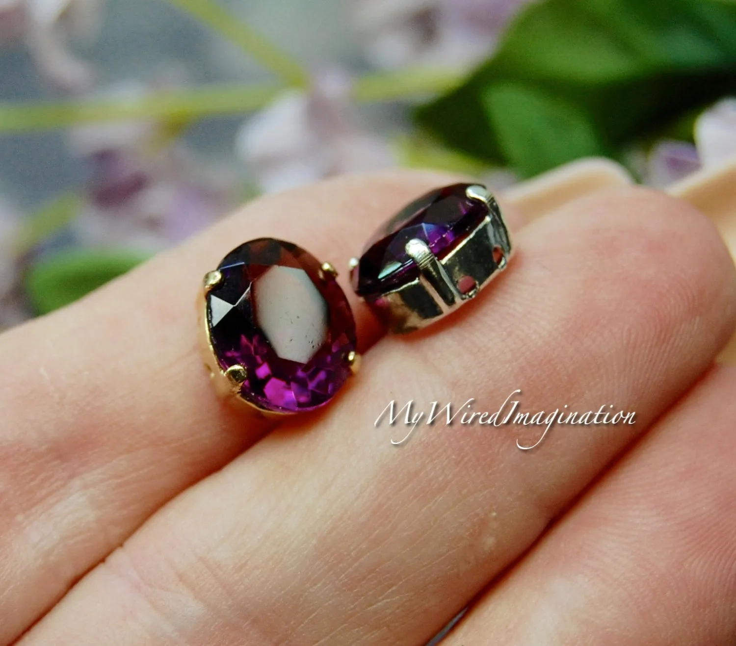 Amethyst, Transparent Vintage Swarovski Crystal, 2 Pieces 12x10mm Oval 4120 with Setting