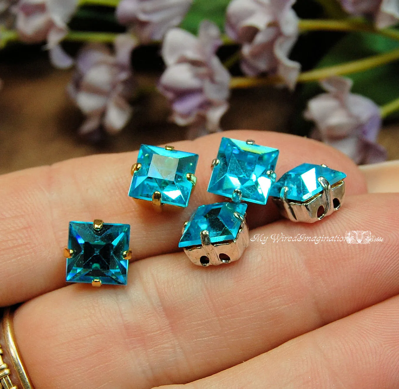 Aquamarine, Vintage Swarovski, 8mm Square, with Setting, Crystal Sew On