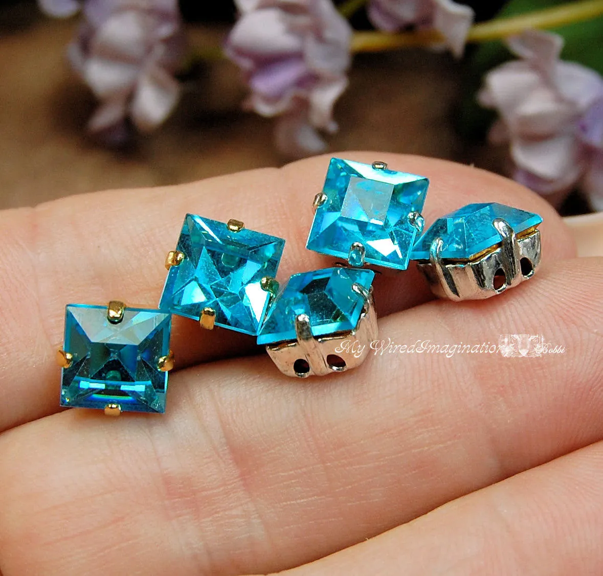 Aquamarine, Vintage Swarovski, 8mm Square, with Setting, Crystal Sew On