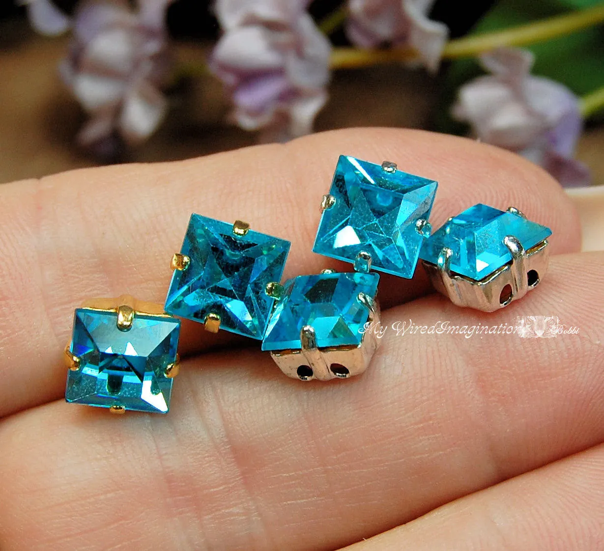 Aquamarine, Vintage Swarovski, 8mm Square, with Setting, Crystal Sew On