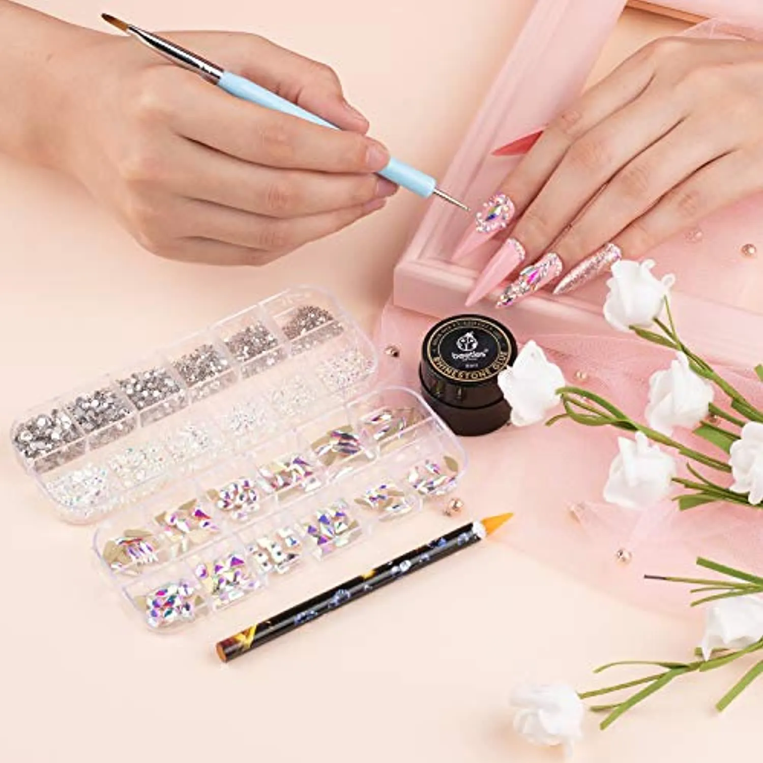 Beetles Gel Polish Nail Art Rhinestones,Crystal Glass AB Rhinestone Gems (120   3456 Pcs）for Gel Nail Polish/Nail Dipping Powder/Nail Acrylic Powder Decoration with Nail Rhinestone Glue and Nail Brush