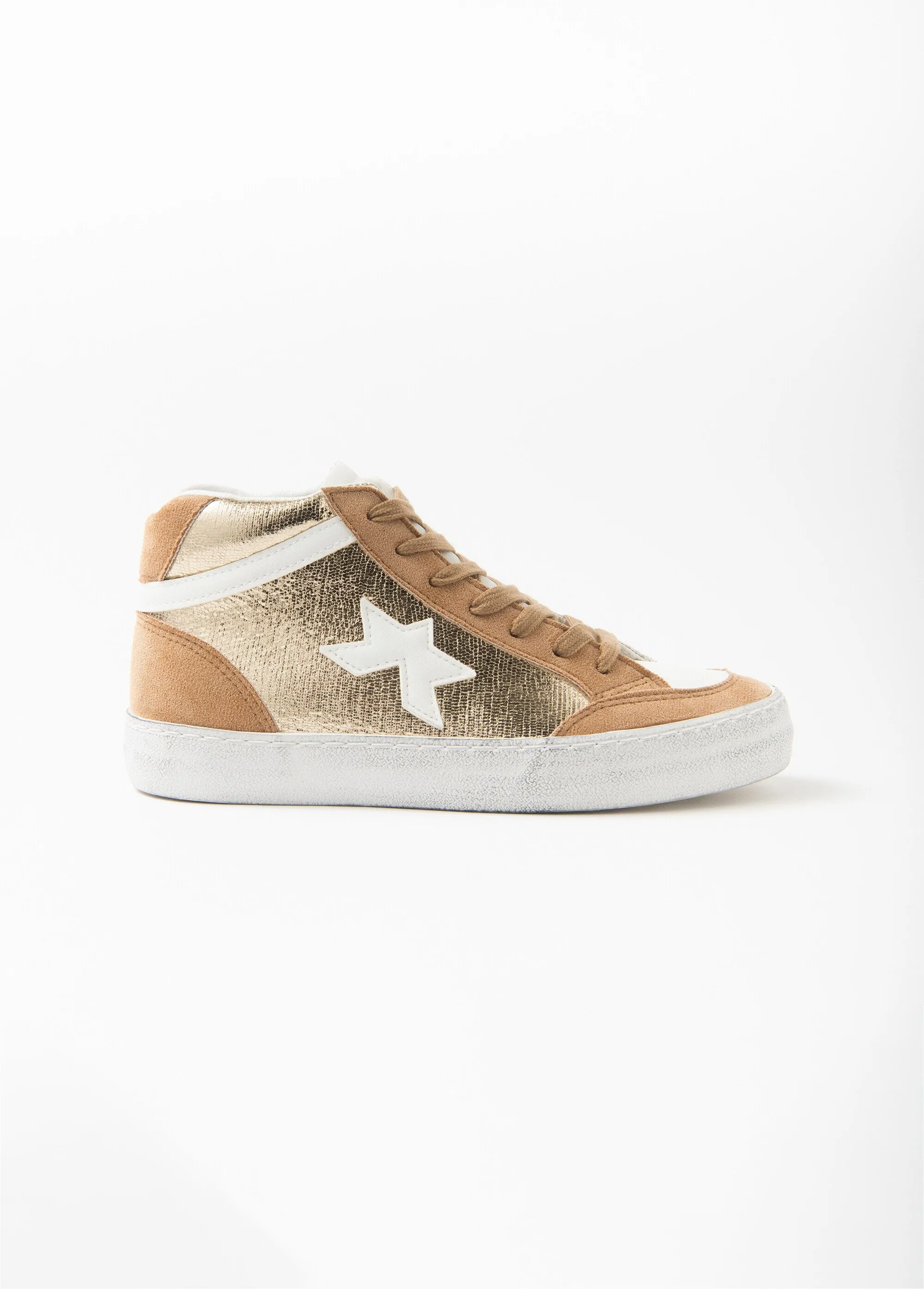 Beige/gold high-top lace-up sneakers