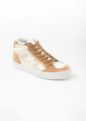 Beige/gold high-top lace-up sneakers