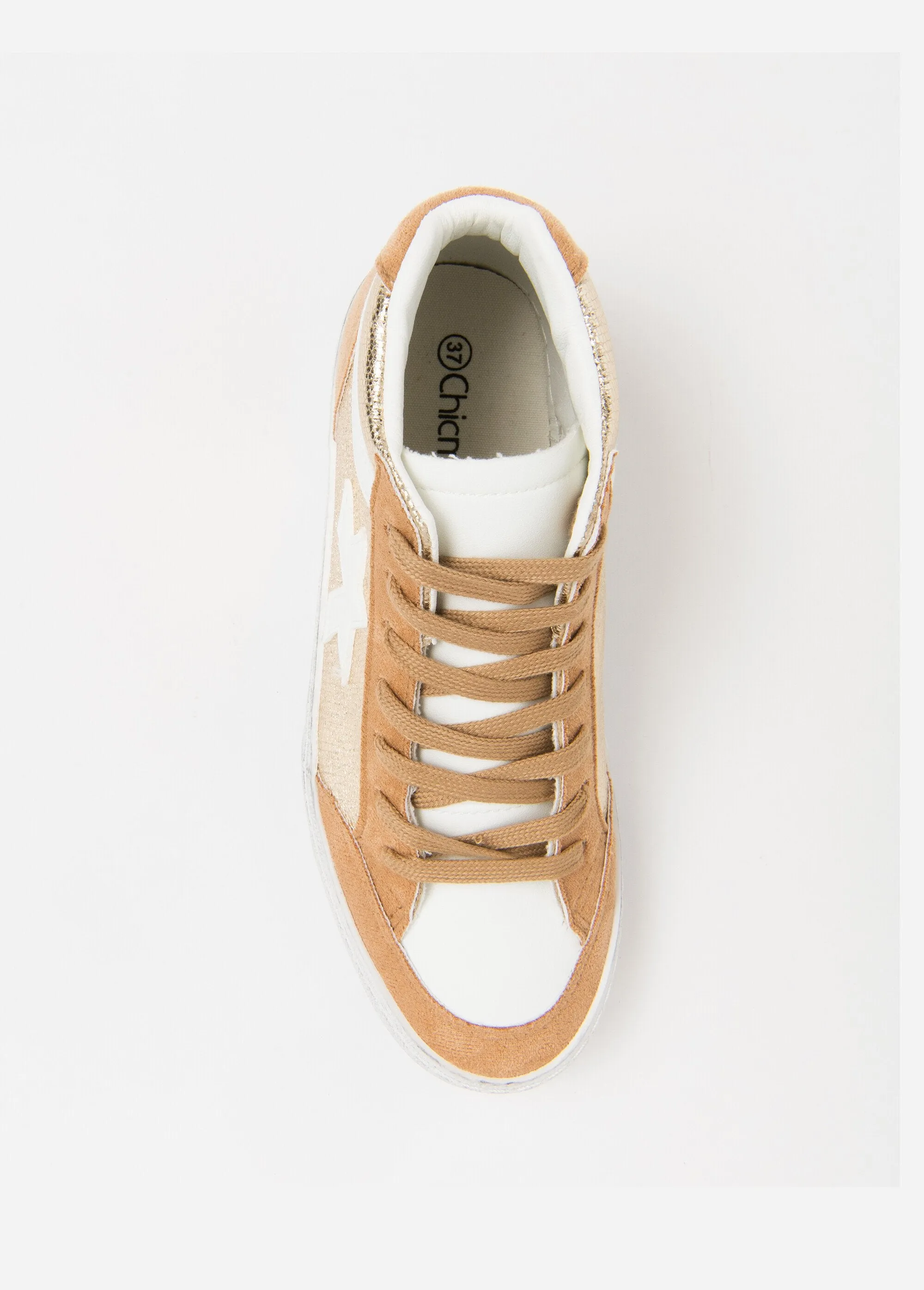 Beige/gold high-top lace-up sneakers