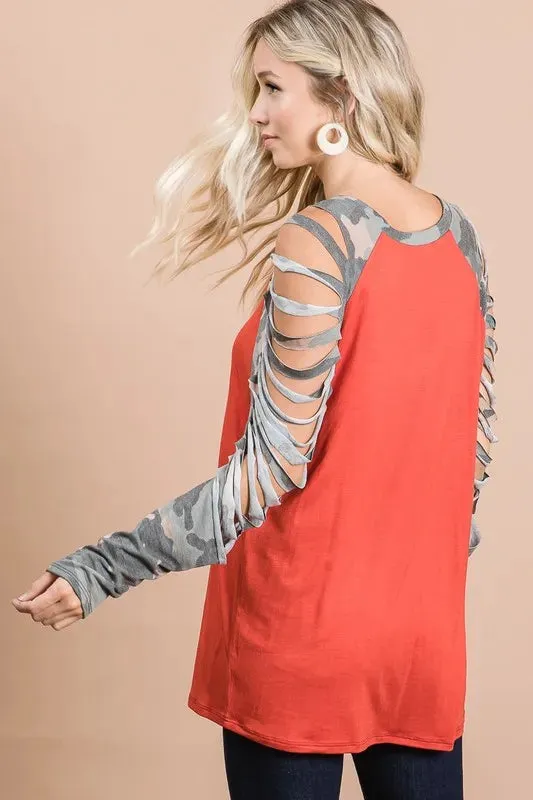 BiBi Jersey Knit Top with Camouflage Laser Cut Sleeves