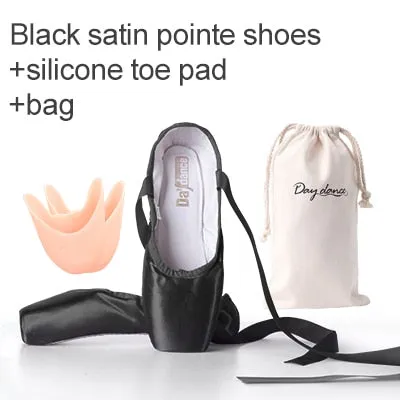 Black Satin Ballet Pointe Shoes Ladies Professional Ballet Shoes Girls Women Ballerina Shoes With Ribbons