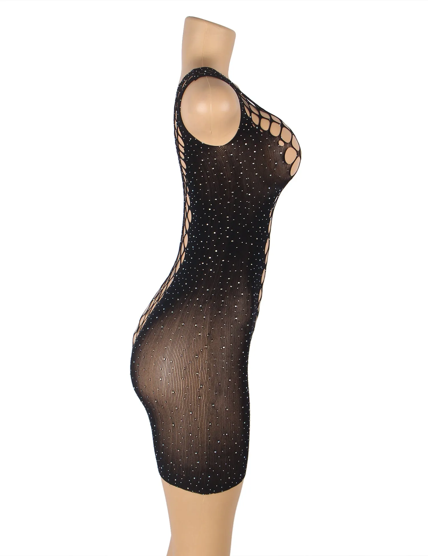 Black Sexy Sparkle Glitter Rhinestone Fishnet Hollow Bodystocking