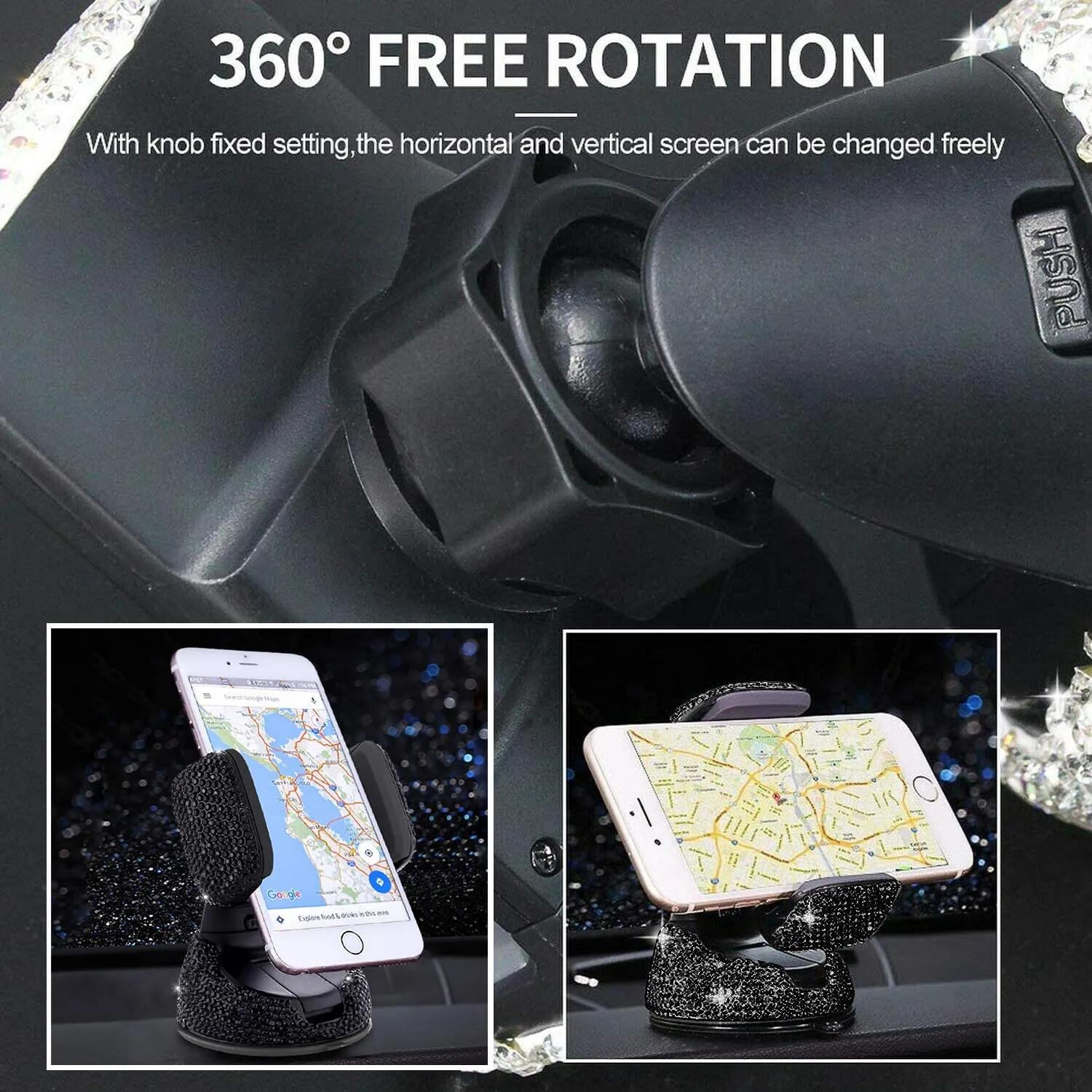 Bling Car Phone Holder, 360°Adjustable Crystal Auto Phone Mount Universal Rhinestone Car Stand Phone Holder Car Accessories for Windshield Dashboard and Air Outlet